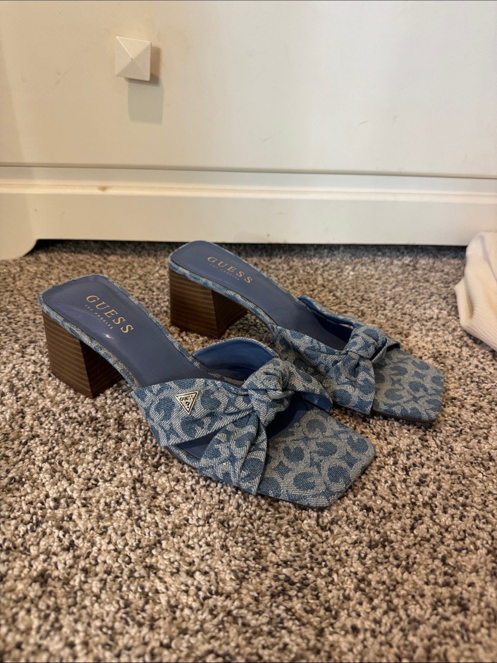 GUESS Denim Blue Knot-Top Block Heel Mules